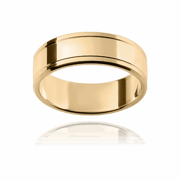 F141 6Mm Yellow Gold Flat Grooved Beveled Edge Wedding Rings For Men
