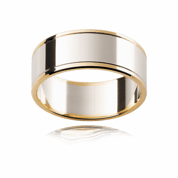 F141 8Mm Two Tone 18K Gold Flat Grooved Beveled Edge Wedding Rings For Men