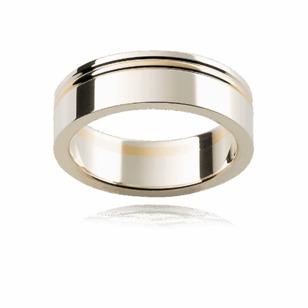 F144 6Mm Two Tone 18K Gold Flat Offset Raised Groove Mens Wedding Band