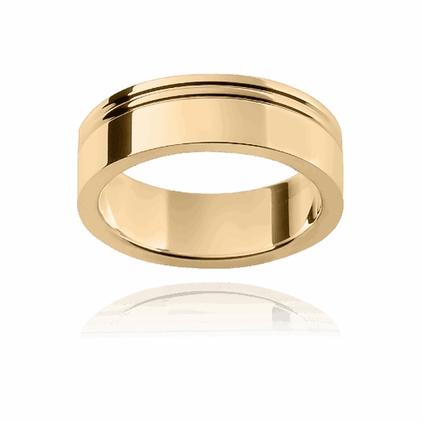 F144 6Mm Yellow Gold Flat Offset Raised Groove Mens Wedding Band