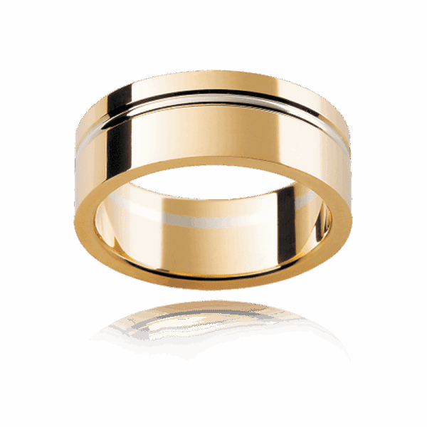 F144 8Mm Two Tone 18K Gold Flat Offset Raised Groove Mens Wedding Band