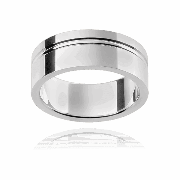 F144 8mm two tone 18k gold flat offset raised groove mens wedding band