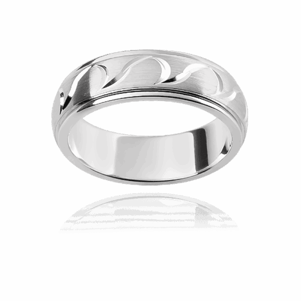 F149M 6Mm White Gold Semi Rounded Engraved Wave Pattern Smooth Edge Mens Wedding Ring