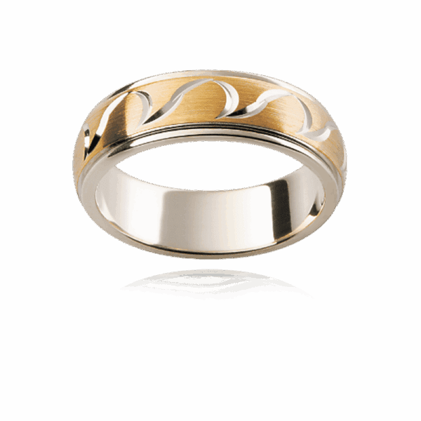 F149M 6mm yellow white yellow semi rounded engraved wave pattern smooth edge mens wedding ring