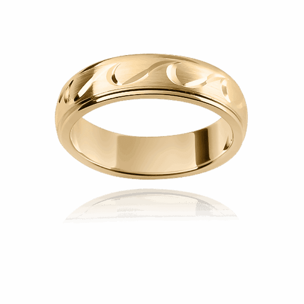 F149M 6Mm Yellow Gold Semi Rounded Engraved Wave Pattern Smooth Edge Mens Wedding Ring