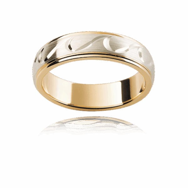 F149M 6Mm Yellow White Yellow Semi Rounded Engraved Wave Pattern Smooth Edge Mens Wedding Ring