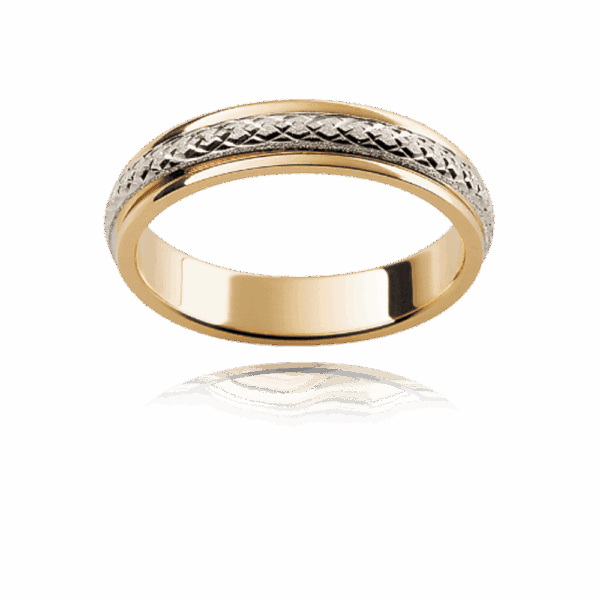 F14M 4Mm Two Tone 18K Gold Slightly Rounded Infinity Engraved Diamond Wheel Finish Mens Wedding Band