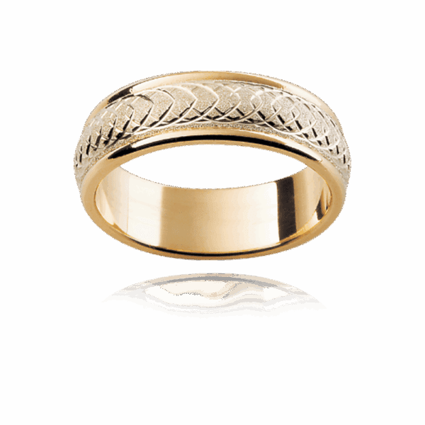 F14M 6Mm Two Tone 18K Gold Slightly Rounded Infinity Engraved Diamond Wheel Finish Mens Wedding Band