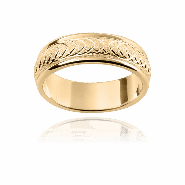 F14M 6Mm Yellow Gold Slightly Rounded Infinity Engraved Diamond Wheel Finish Mens Wedding Band