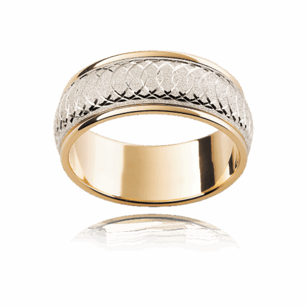 F14M 8Mm Two Tone 18K Gold Slightly Rounded Infinity Engraved Diamond Wheel Finish Mens Wedding Band