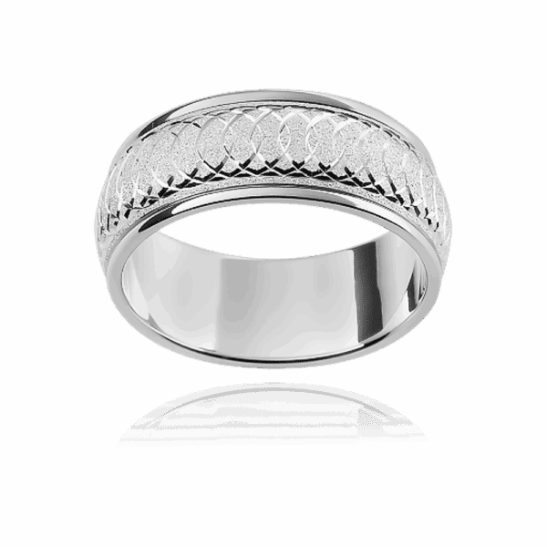 F14M 8mm two tone 18k gold slightly rounded infinity engraved diamond wheel finish mens wedding band
