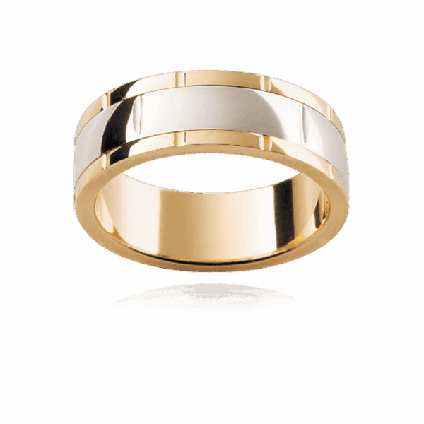 F154M 7Mm Two Tone 18K Gold Vertical Groove Centre Grooved Edge Wedding Bands For Men