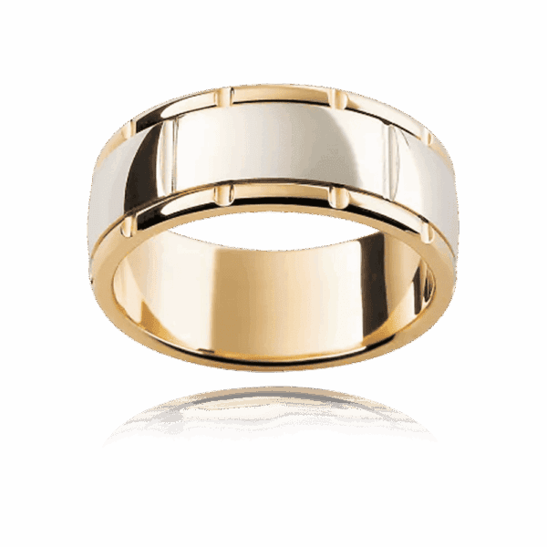 F154M 8Mm Two Tone 18K Gold Vertical Groove Centre Grooved Edge Wedding Bands For Men