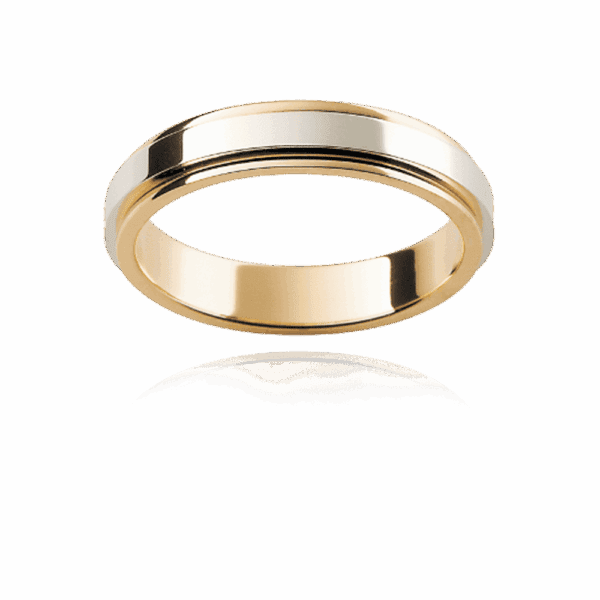 F156 4Mm Two Tone 18K Gold Flat Profile Slightly Elevated Centre High Polish Mens Wedding Ring