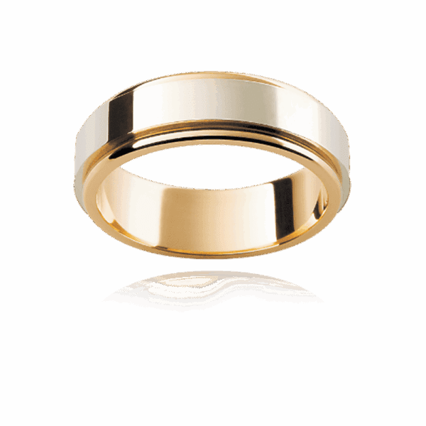 F156 6Mm Two Tone 18K Gold Flat Profile Slightly Elevated Centre High Polish Mens Wedding Ring