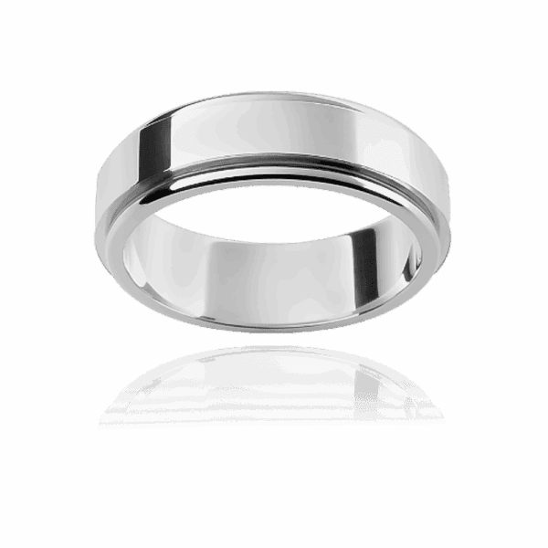 F156 6Mm White Gold Flat Profile Slightly Elevated Centre High Polish Mens Wedding Ring
