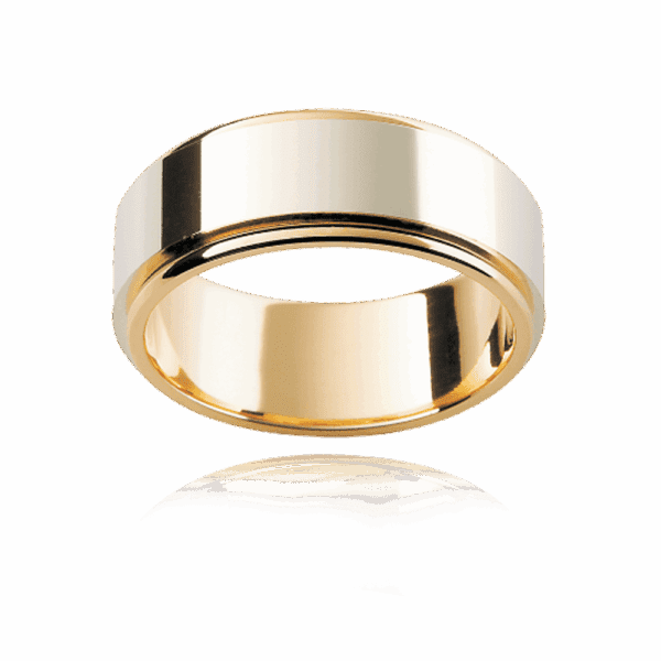 F156 8Mm Two Tone 18K Gold Flat Profile Slightly Elevated Centre High Polish Mens Wedding Ring