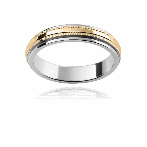 F157M 4Mm Two Tone Alternating 18K Gold Flat Diamond Wheel Finish Decorative Milgrain Trimmed Centre Mens Wedding Band