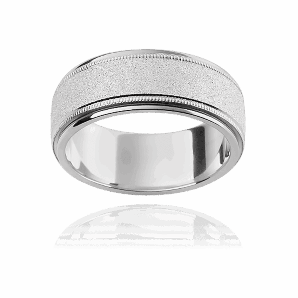 F157M 8mm two tone 18k gold flat diamond wheel finish decorative milgrain trimmed centre mens wedding band