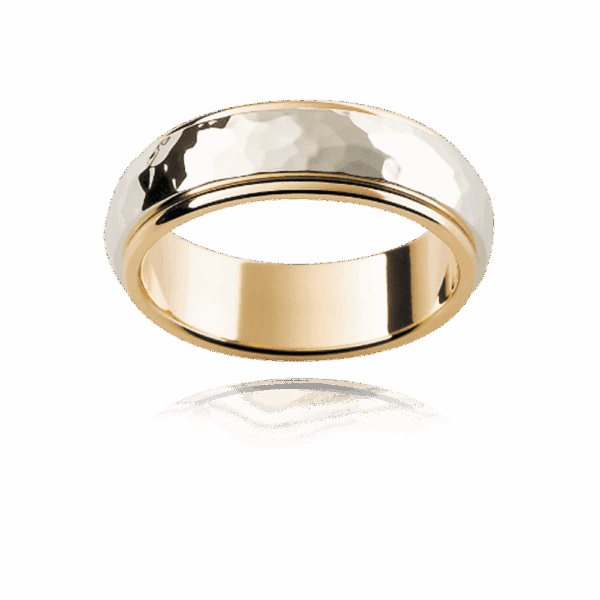 F158M 6Mm Two Tone 18K Gold Textured Centre Inlay Smooth Edges Wedding Rings For Men