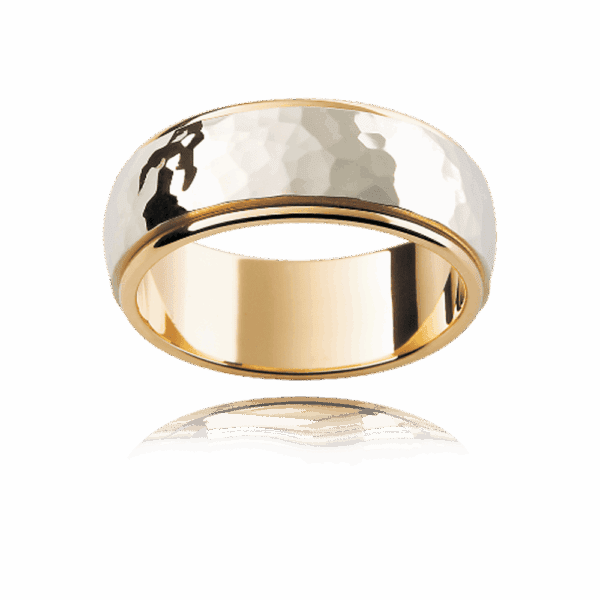 F158M 8mm two tone alternating 18k gold textured centre inlay smooth edges wedding rings for men