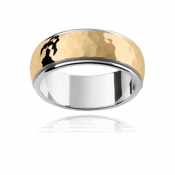 F158M 8Mm Two Tone Alternating 18K Gold Textured Centre Inlay Smooth Edges Wedding Rings For Men