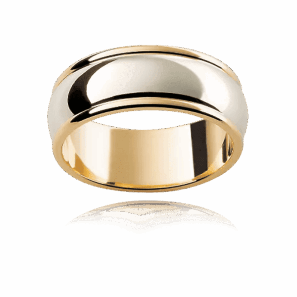 Model wears F16 7mm two tone 18k gold curved centre semi rounded edge mens wedding band
