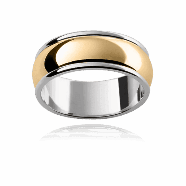 F16 8Mm Two Tone Alternating 18K Gold Curved Centre Semi Rounded Edge Mens Wedding Band