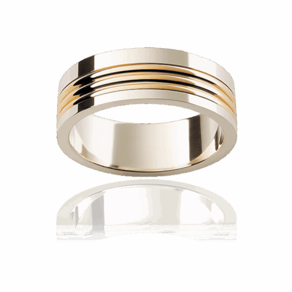 Model wears F161 8mm two tone 18k rounded yellow gold inlay horizontal center flat band mens ring