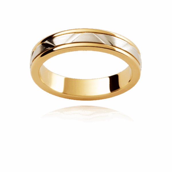 F169M 4Mm Two Tone 18K Gold Flat Geometric Pattern Centre Inlay Smooth Edges Mens Wedding Band
