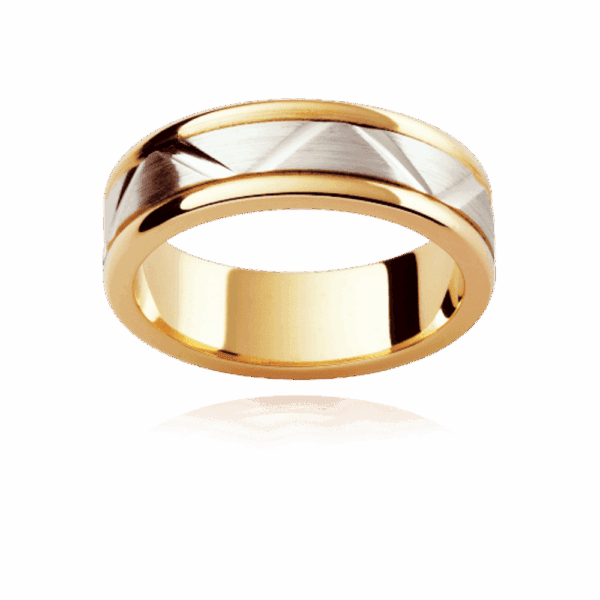 F169M 6Mm Two Tone 18K Gold Flat Geometric Pattern Centre Inlay Smooth Edges Mens Wedding Band