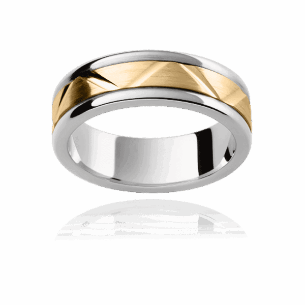 F169M 6Mm Two Tone Alternating 18K Gold Flat Geometric Pattern Centre Inlay Smooth Edges Mens Wedding Band