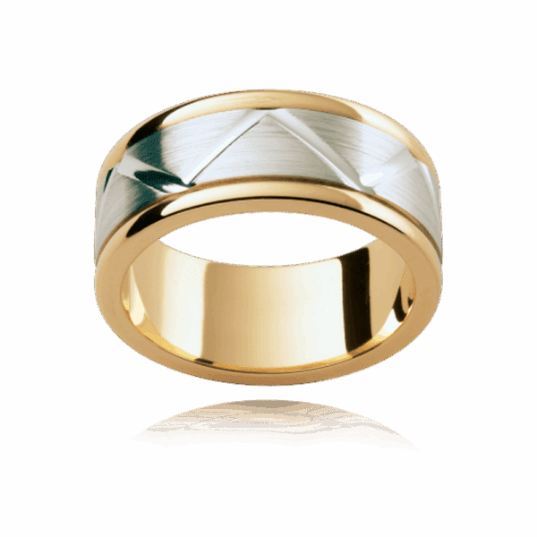 F169M 7Mm Two Tone 18K Gold Flat Geometric Pattern Centre Inlay Smooth Edges Mens Wedding Band