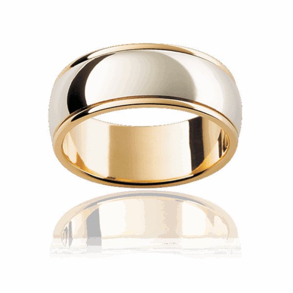 Model wears F17 6mm two tone semi rounded mens wedding band with smooth raised edges