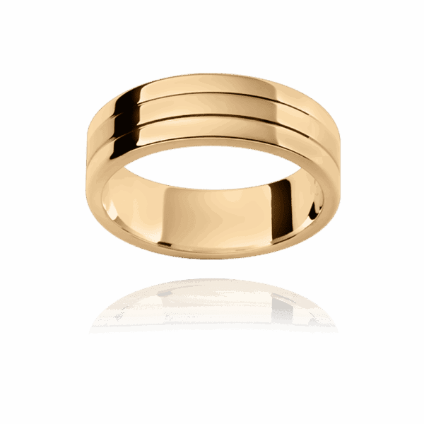 F171 6Mm Yellow Gold Flat Three Segments Fine Polished Grooves Mens Gold Ring