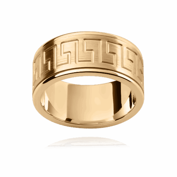 F173M 9mm two tone 18k gold patterned ring engraved graphic motif centre inlay wedding bands for men