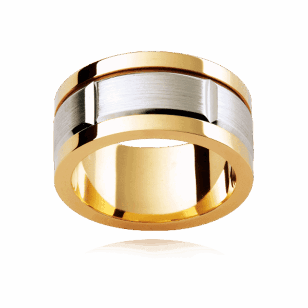 Model wears F174M 8mm two tone 18k gold flat step edges centre section wide vertical grooves mens wedding band