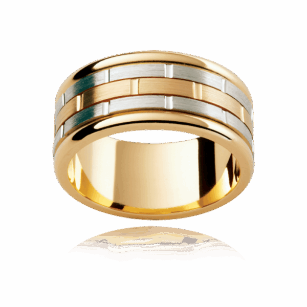 Model wears F175M 7mm white gold multi tone 3 section overlay alternating vertical grooves mens gold ring