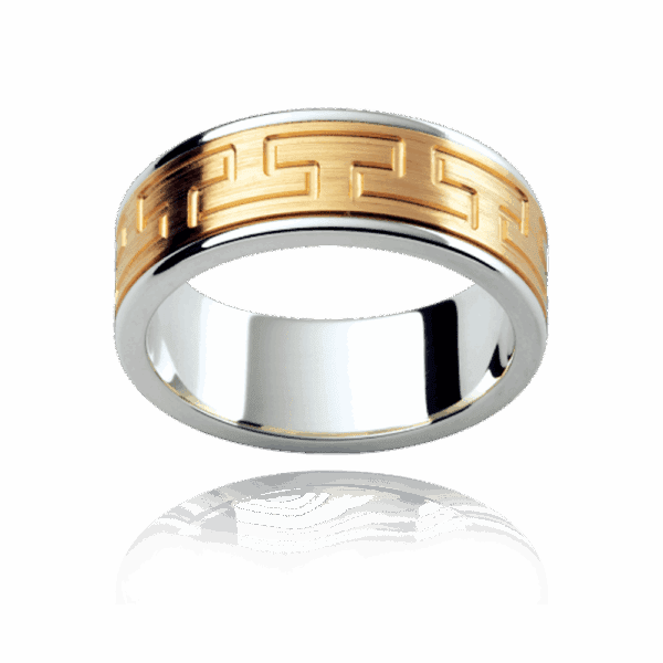 F177M 6Mm 18K Gold Two Tone Patterned Ring Engraved Graphic Motif Centre Section Wedding Rings For Men