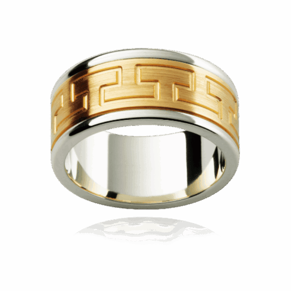 F177M 9Mm 18K Gold Two Tone Patterned Ring Engraved Graphic Motif Centre Section Wedding Rings For Men