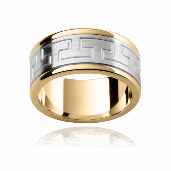 F177M 9mm 18k gold two tone patterned ring engraved graphic motif centre section wedding rings for men