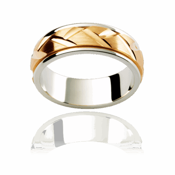 F180M 6Mm Two Tone 18K Gold Two Tone Engraved Pattern Centre Semi Rounded Smooth Edges Mens Wedding Band