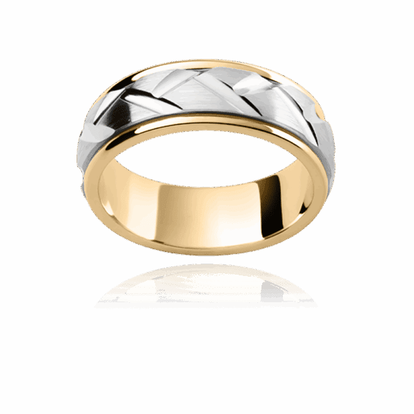 F180M 7Mm Alternating 18K Gold Two Tone Engraved Pattern Center Semi Rounded Smooth Edges Mens Wedding Band