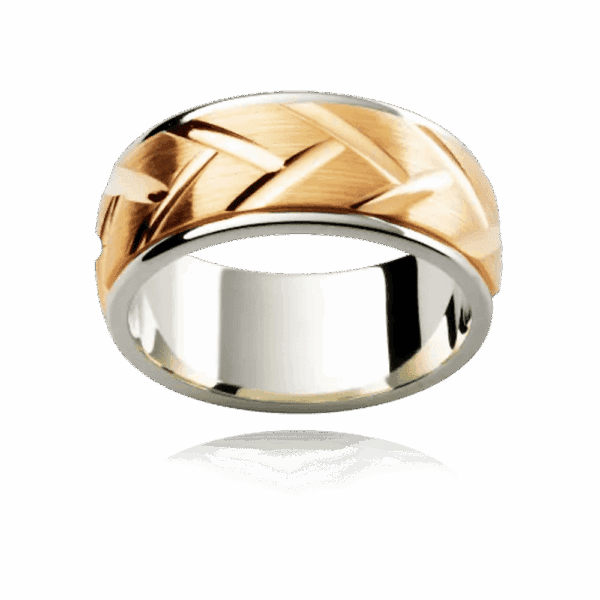Model wears F180M 8mm two tone 18k gold two tone engraved pattern center semi rounded smooth edges mens wedding band