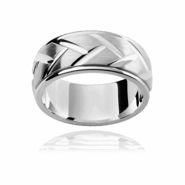 F180M 8Mm White Gold Engraved Pattern Center Semi Rounded Smooth Edges Mens Wedding Band