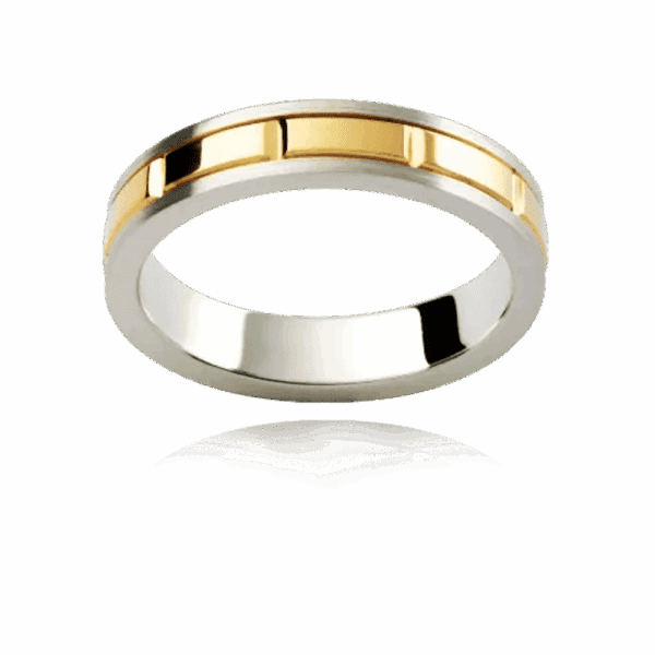 F182M 4Mm Two Tone 18K Gold Flat Vertical Grooved Overlay Strip Centre Mens Wedding Ring
