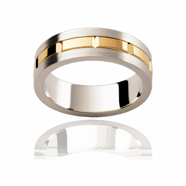 F182M 6Mm Two Tone 18K Gold Flat Vertical Grooved Overlay Strip Centre Mens Wedding Ring