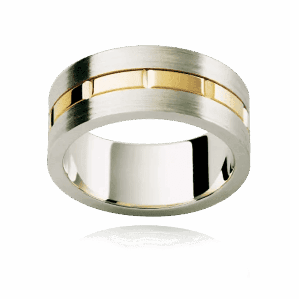 Model wears F182M 6mm two tone 18k gold flat vertical grooved overlay strip centre mens wedding ring