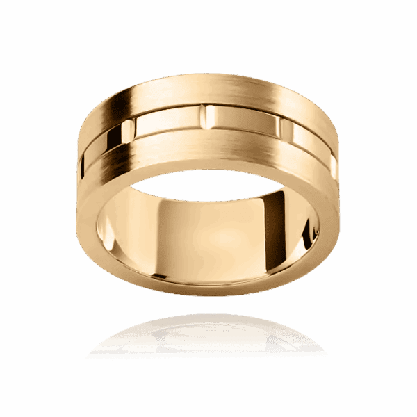 F182M 8Mm Yellow Gold Flat Vertical Grooved Overlay Strip Centre Mens Wedding Ring