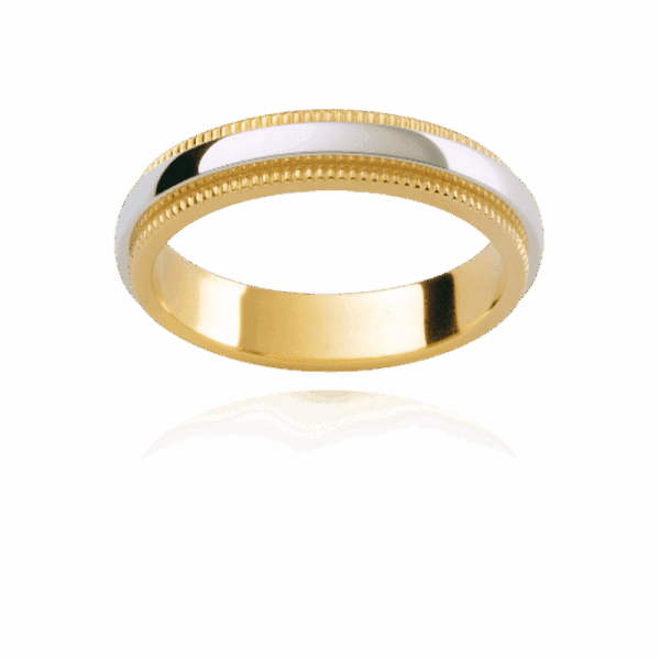 F183 4Mm Two Tone 18K Gold Semi Rounded Plain Overlay Milgrain Trim Step Edges Mens Wedding Band